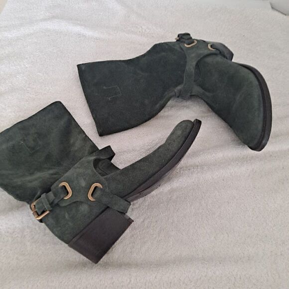 Ralph Lauren Collection Harness Boots Italy Green Suede 1.5" Cowgirl Heel Buckle - Picture 8 of 15